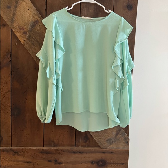 Vine & Love Tops - Vine & Love Light Green Ruffle Sleeve Blouse